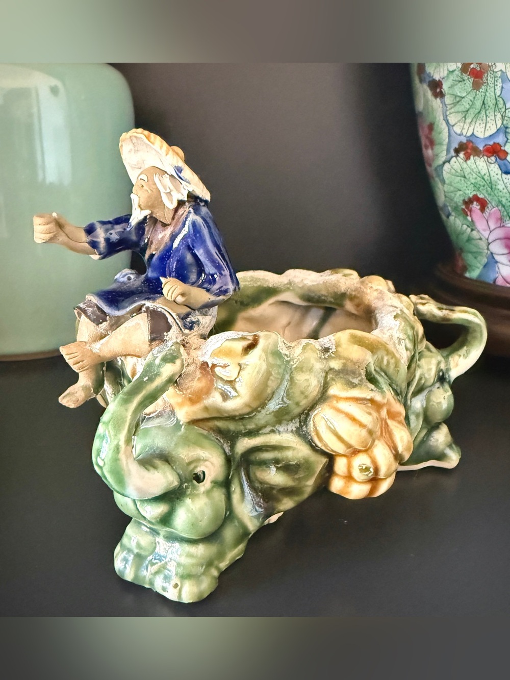 Vintage Asian Mudman Fisherman Double Elephant Planter SEWAN Drip Glaze